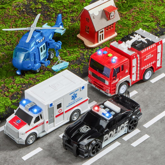 JOYIN 4-Pack Emergency Vehicle Toy Set